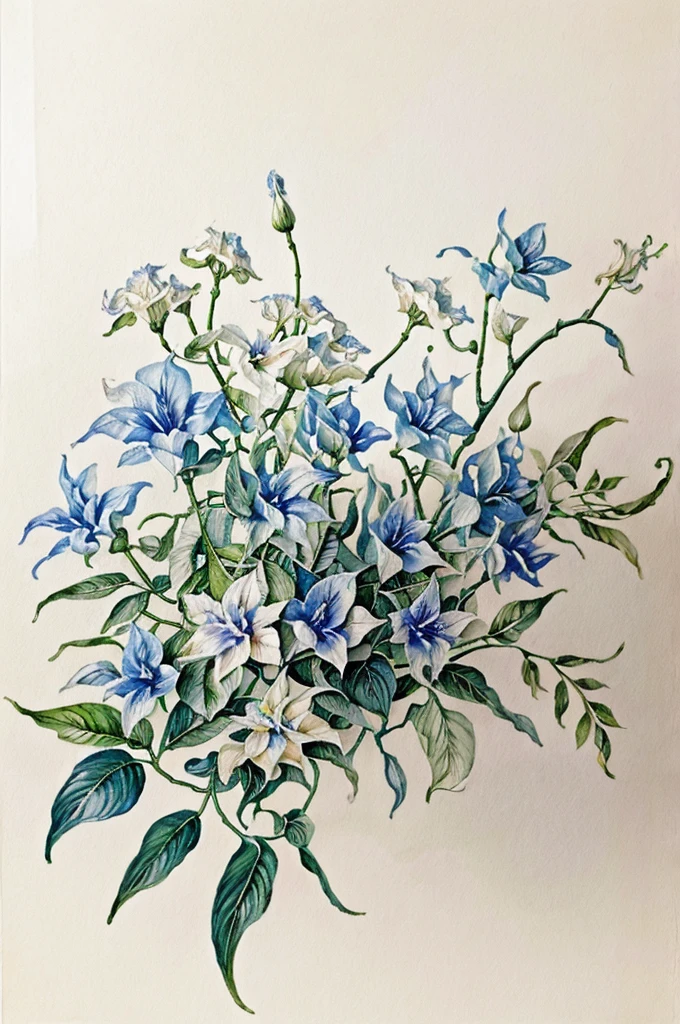 masterpiece of watercolor botanic illustration on white cotton paper of a pair of brugmansia blue flowers, with a branch, and some leaves