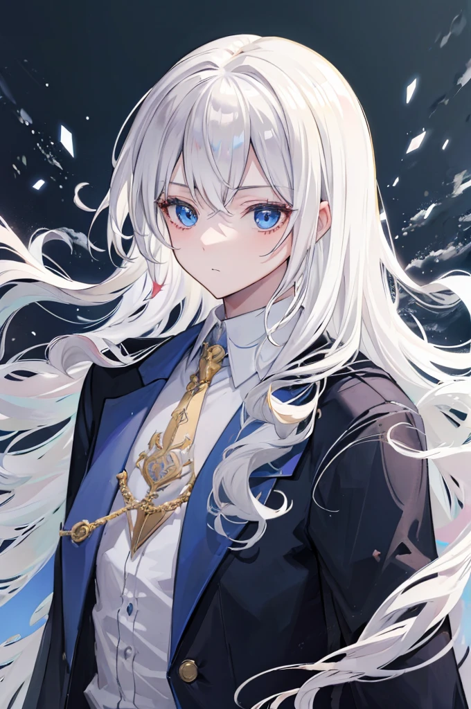 (masterpiece, highest quality:1.2), highest quality, masterpiece, high resolution, Anime style, portraiture, male, man, long hair, Silver hair, platinum blond hair, uniform for men, oversized coat, Feminine appearance, dark blue eyes, magic, magic square, magician