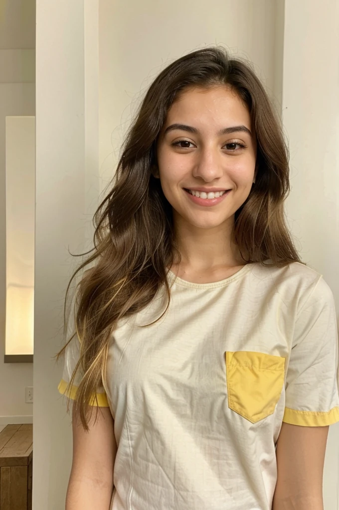20YO, small nose, one women,attractive, Jordanian, Arab, Bright Yellow shirt, cute smile, cute face, white teethes, skinny face, light brown eyes, black/blonde long hair, modest
