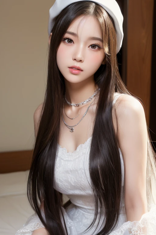 (Highest quality), (masterpiece:1.2), (Realistic, photo-Realistic:1.2), (Highly detailed face and skin texture), (Full body shot 1.1), (20 year old Japanese idol), Cute face, Whitening skin, double eyelid, (Ridiculously long hair:1.5), (Slim figure), (Large Breasts), Long legs, (Black straight hair), (necklace), (Wearing a white dress:1.2), Newsboy cap, Kissing Mouth