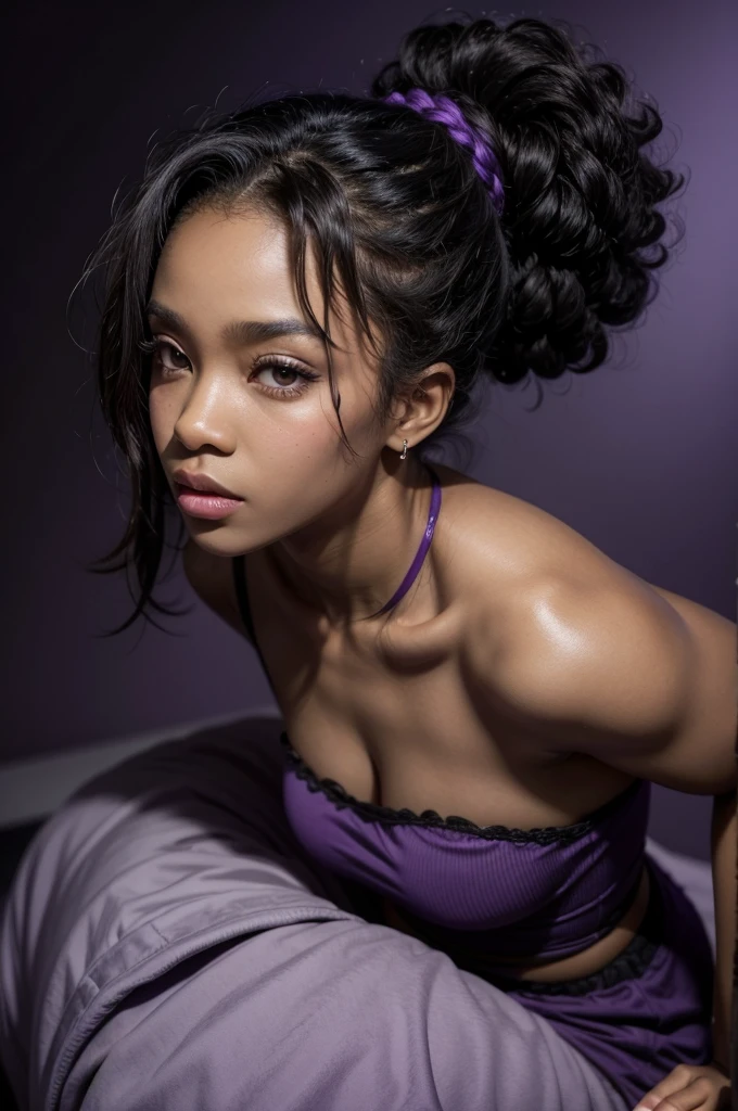 afro woman,dark skin, big ass, ebony, ponytail, purple background,