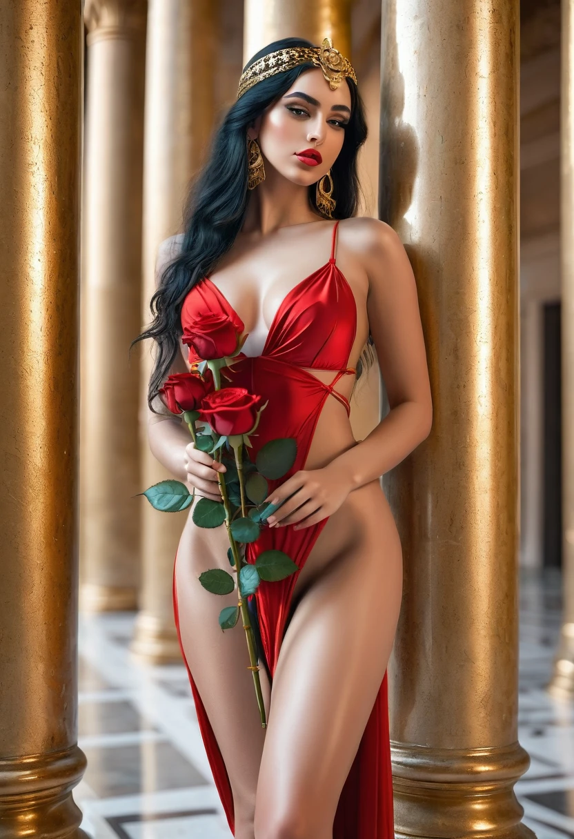 close-up, full length,absolutely naked cute sexual girl , kissing long red rose in her hand and looking at me, flirt, cyberpank gold parts body,against the backdrop Egyptian columns, ultra high quality detailing