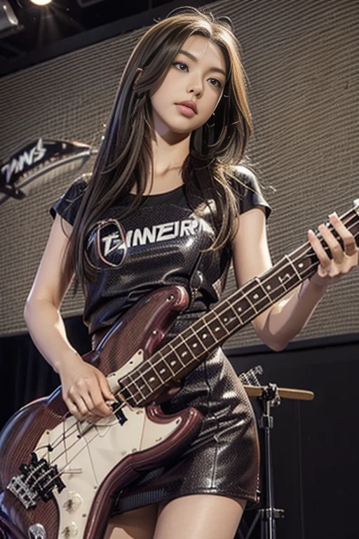 woman playing bass live、brown hair disheveled hair、Complex 4-string bass:1.2、anatomically correct fingers、((Detailed Fender Precision Base:1.3))、just one base、pantyhose