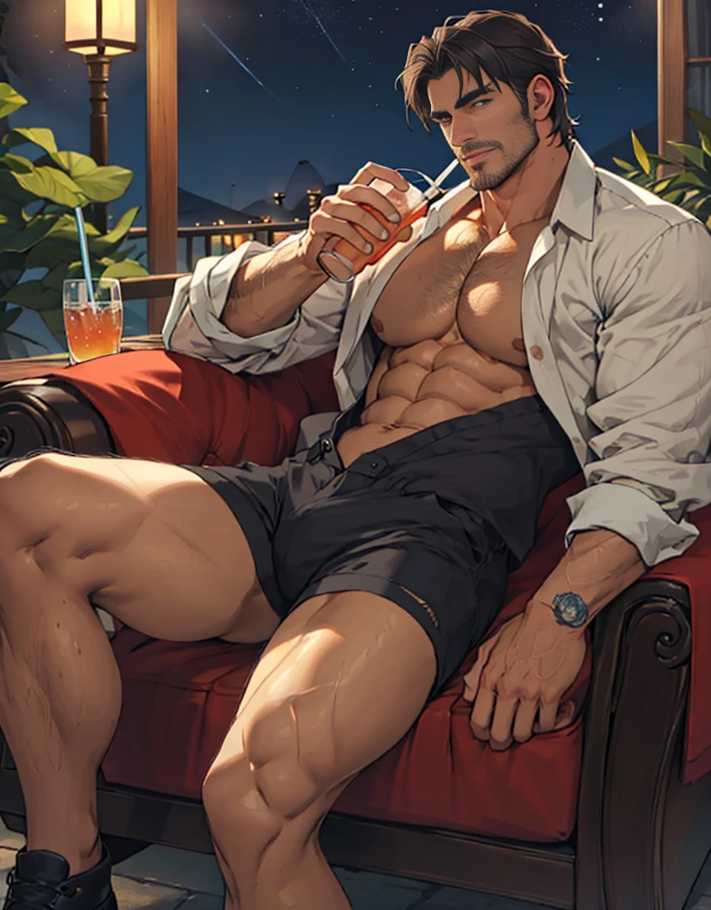 Ruggedly handsome older man, DILF,  . Dominant, Confident, gentleman, solo shot, sitting in armchair, holding a drink in his hand, nightime