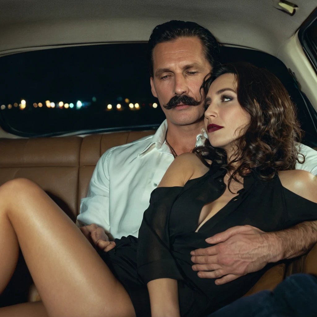The man in his 45s with black very short hair and smooth face with moustache. The woman in her 45s with brown wavy long hair. The man is wearing an unbuttoned white shirt. The woman is wearing a black low-cut evening dress. In the backseat of the car, the woman is sitting on the man's lap. They have . . Passionate. Side view. Night. Dim enviorment. UHD. HDR. Cinematic.
