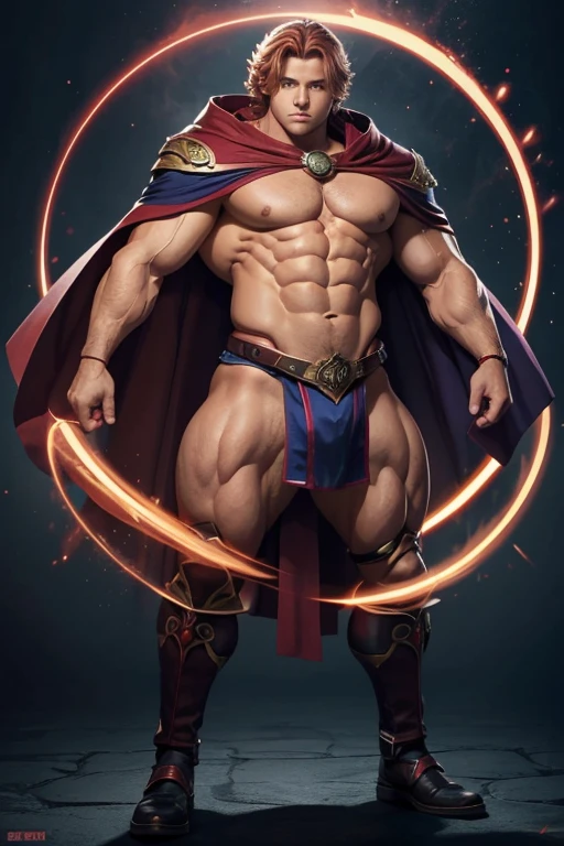 Full body image of a mage shaping two spirals of red and blue magic around himself. He is an absolute muscle adonis, 16 yearslond hair. Obscenely wide shoulders and traps. Very defined ‘V’ body shape with a narrow waist. Well defined six pack. Long, flowing cape