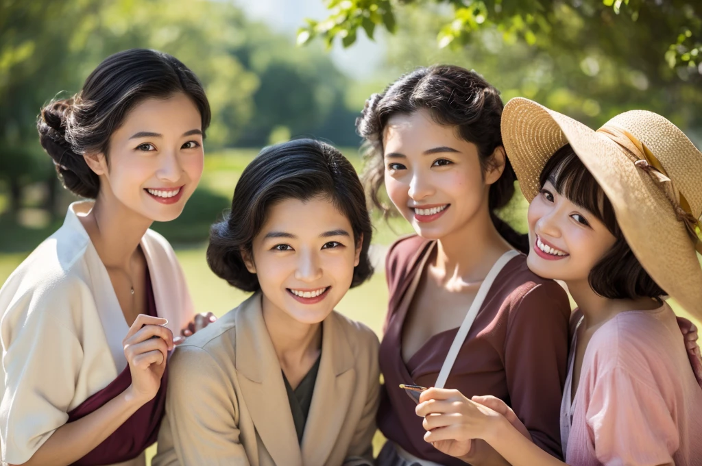 Highest quality、Masterpiece、8K、Japanese women、40s、smile、Slender figure、Realistic Face、Realistic hands、Detailed face、Three Women、Keep your distance