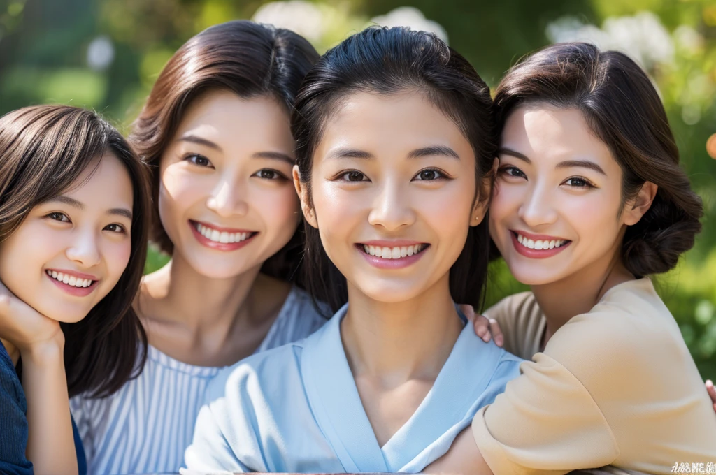 Highest quality、Masterpiece、8K、Japanese women、40s、smile、Slender figure、Realistic Face、Realistic hands、Detailed face、Three Women、Keep your distance