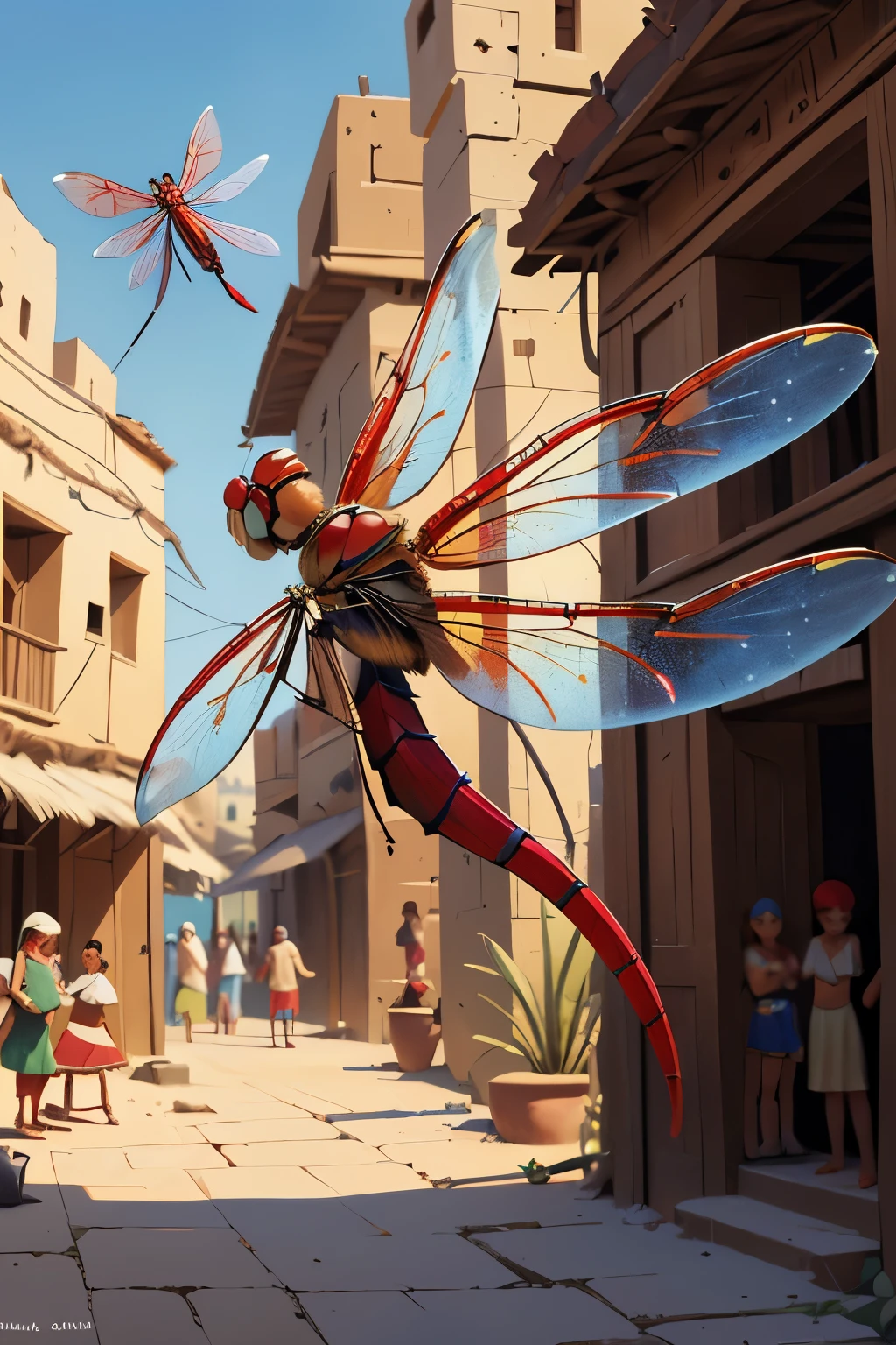 (high detailed, high resolution, high quality, masterpiece), (focus on (a single one) (red and blue) (dragonfly) flying in front of the viewer), (in a crowded village filled with people in a (blurred background) in a Egyptian village), (fantasy, drawing, drawing fantasy)