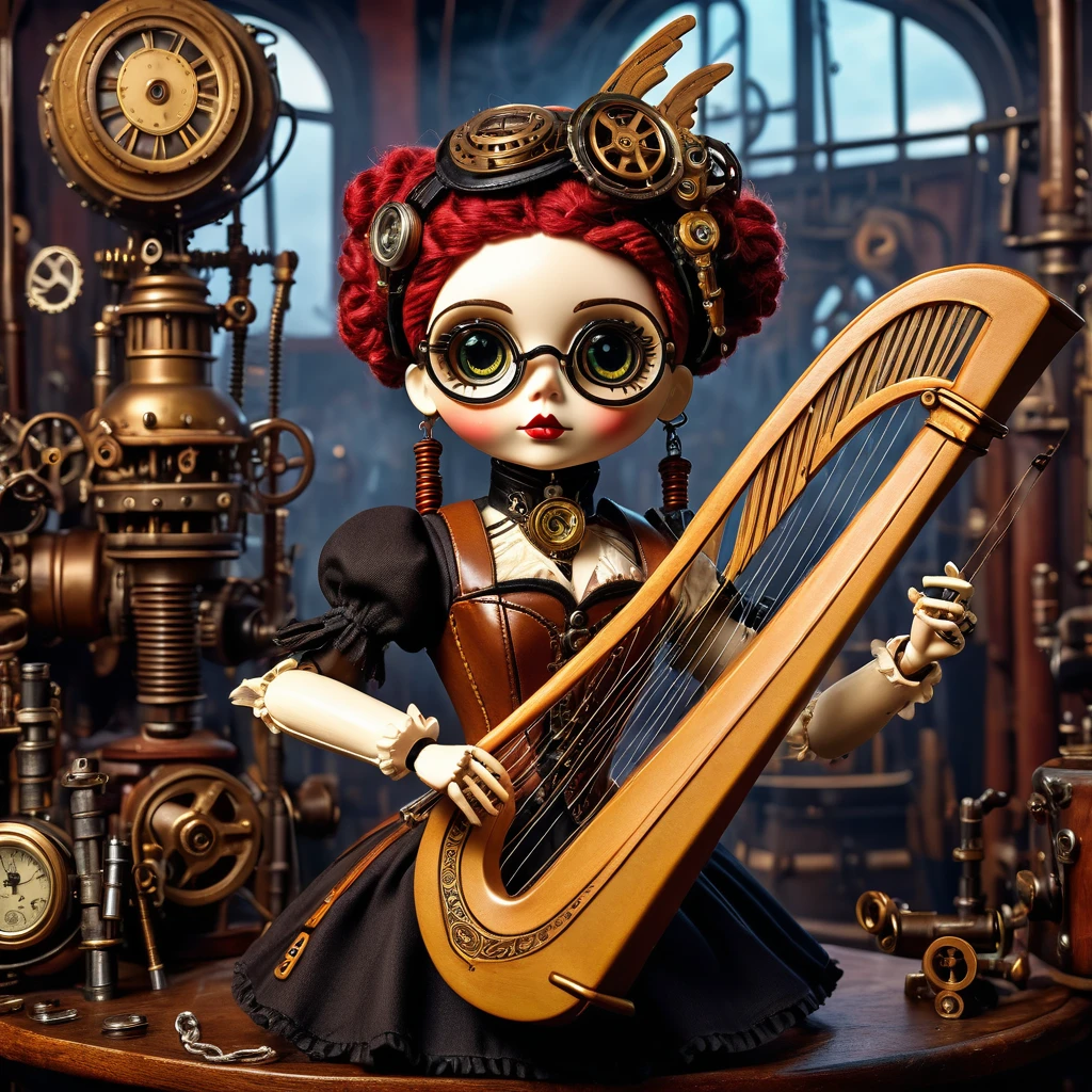 (voodoo doll playing knitted harp:1.2), (Voodoo Steampunk:1.3), (badass clothing: leather corset, aviator glasses, Gears and mechanical parts:1.0), (in the background steam engines, airships and Victorian buildings:1.2), best qualityer, work of art, detailed soft oil painting, detailed back ground, dramatic cinematic lighting, soft edge lighting, proffesional, dramatic lighting, hard edge lighting, ultra quality, 4K, work of art, best qualityer, 8K, ultra high definition, high resolution, extremely detaild