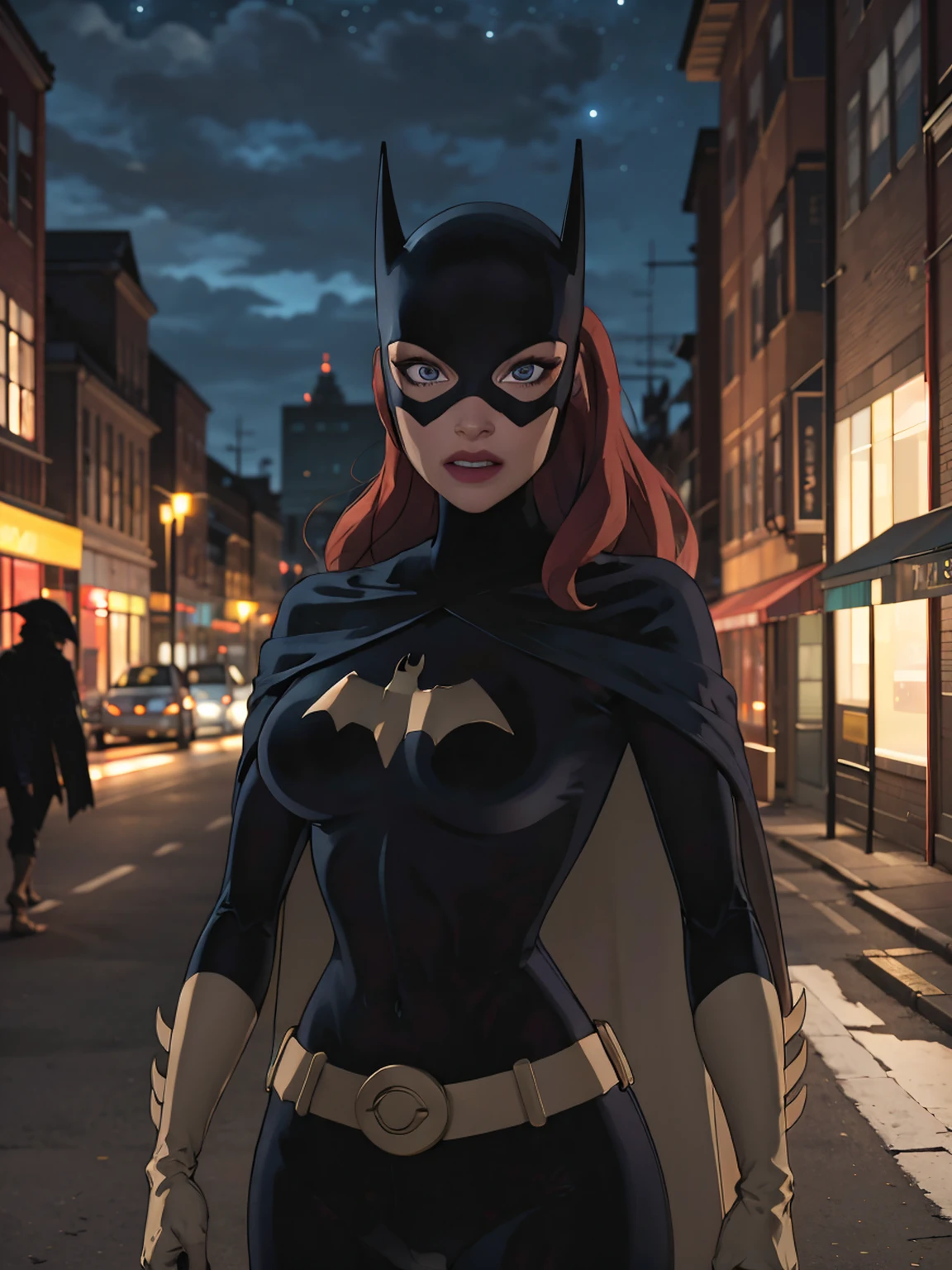 masterpiece, best quality, 1girl, CARTOON_batgirl_ownwaifu,www.ownwaifu.com,mask,long hair,blue eyes,bodysuit,breasts,cape,domino mask,belt,medium breasts,superhero,gloves,lips,black bodysuit,helmet,belt buckle,horns,bat_print,pouch, curvy, toned, large breasts, narrow waist, realistic, 3d, night sky, cityscape,