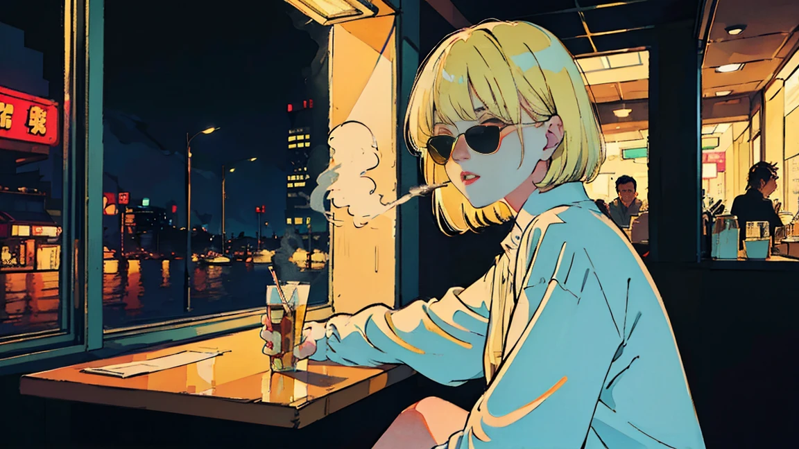 Beautiful blonde Asian girl sitting in a diner at night, Visible from the window, Perfect Face, sunglasses, Smoking white Taylormade cigarettes, Neon Black, (Backlit: 1.1), Hard Shadows, masterpiece, Highest quality, Complex, Model shooting style, Vintage, Film Grain, Incomplete details