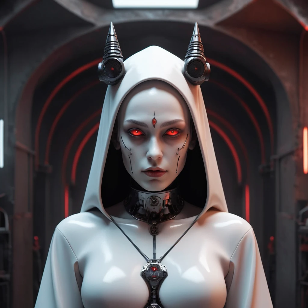 ral-opal, meahophontron, full body, woman robot face, devil nun, negro, looking at camera, body nun clothes, red eyes, foreground looking at camera, realist, beautifull woman, beautifull face, foreground