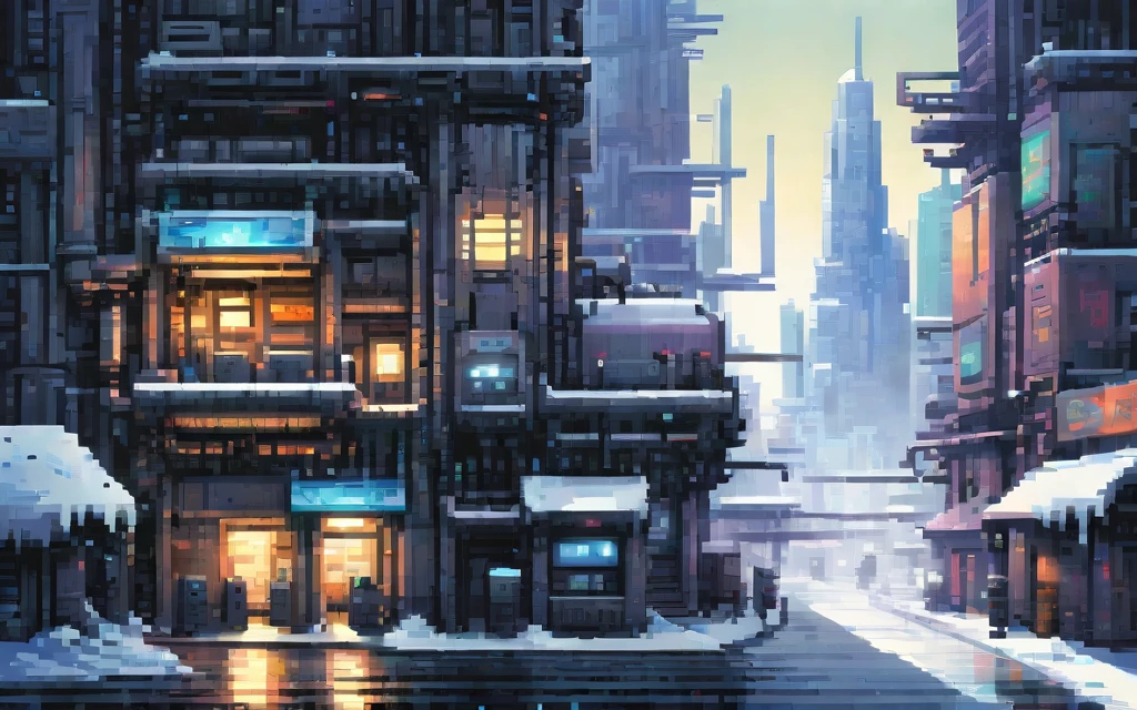 City at winter, Sidescroller game level, A futuristic cyberpunk city controlled by robots, pixel art painting by Yoko Tsuno, best quality, masterpiece, high details, Ultra intricate detailed