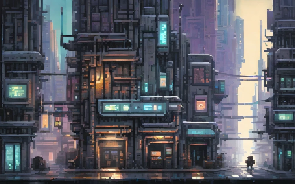 City at winter, Sidescroller game level, A futuristic cyberpunk city controlled by robots, pixel art painting by Yoko Tsuno, best quality, masterpiece, high details, Ultra intricate detailed