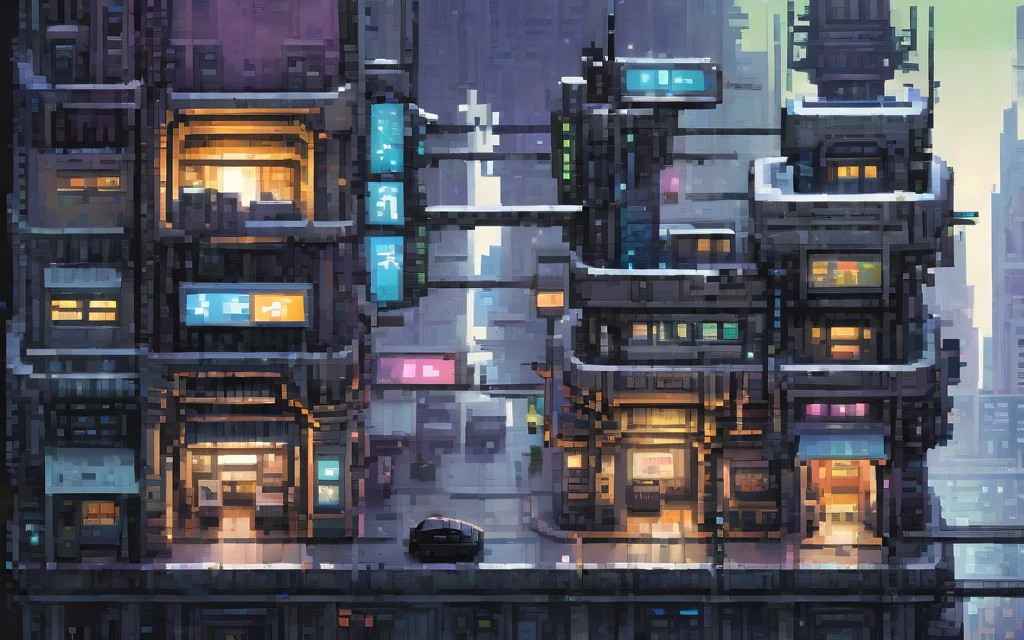 City at winter, Sidescroller game level, A futuristic cyberpunk city controlled by robots, pixel art painting by Yoko Tsuno, best quality, masterpiece, high details, Ultra intricate detailed
