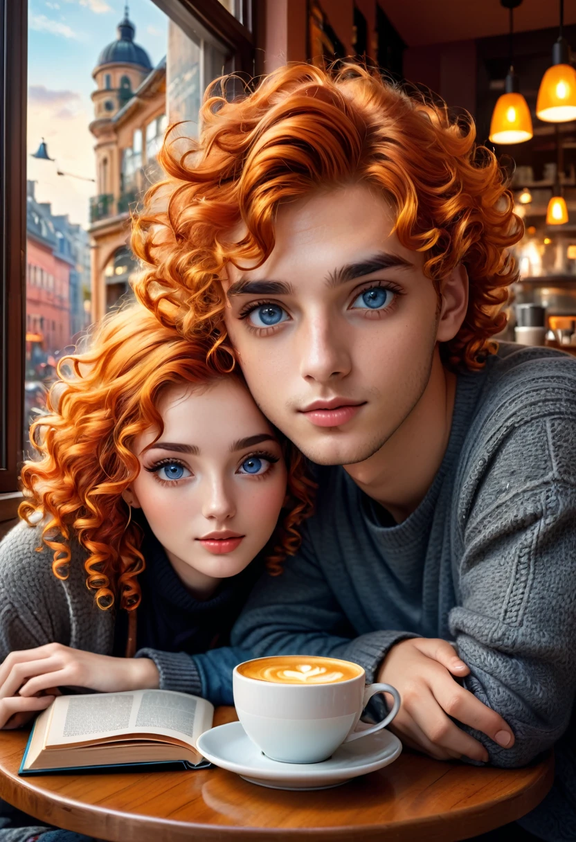 a girl with orange hair brown eyes, a boy with curly blue eyes sitting in a cafe, beautiful detailed eyes, beautiful detailed lips, extremely detailed eyes and face, long eyelashes, young couple, casual clothes, warm lighting, cozy atmosphere, comfortable interior, coffee cups, table with books and magazines, window with cityscape view, (best quality,4k,8k,highres,masterpiece:1.2),ultra-detailed,(realistic,photorealistic,photo-realistic:1.37),vibrant colors, cinematic lighting, soft focus, digital painting, concept art style