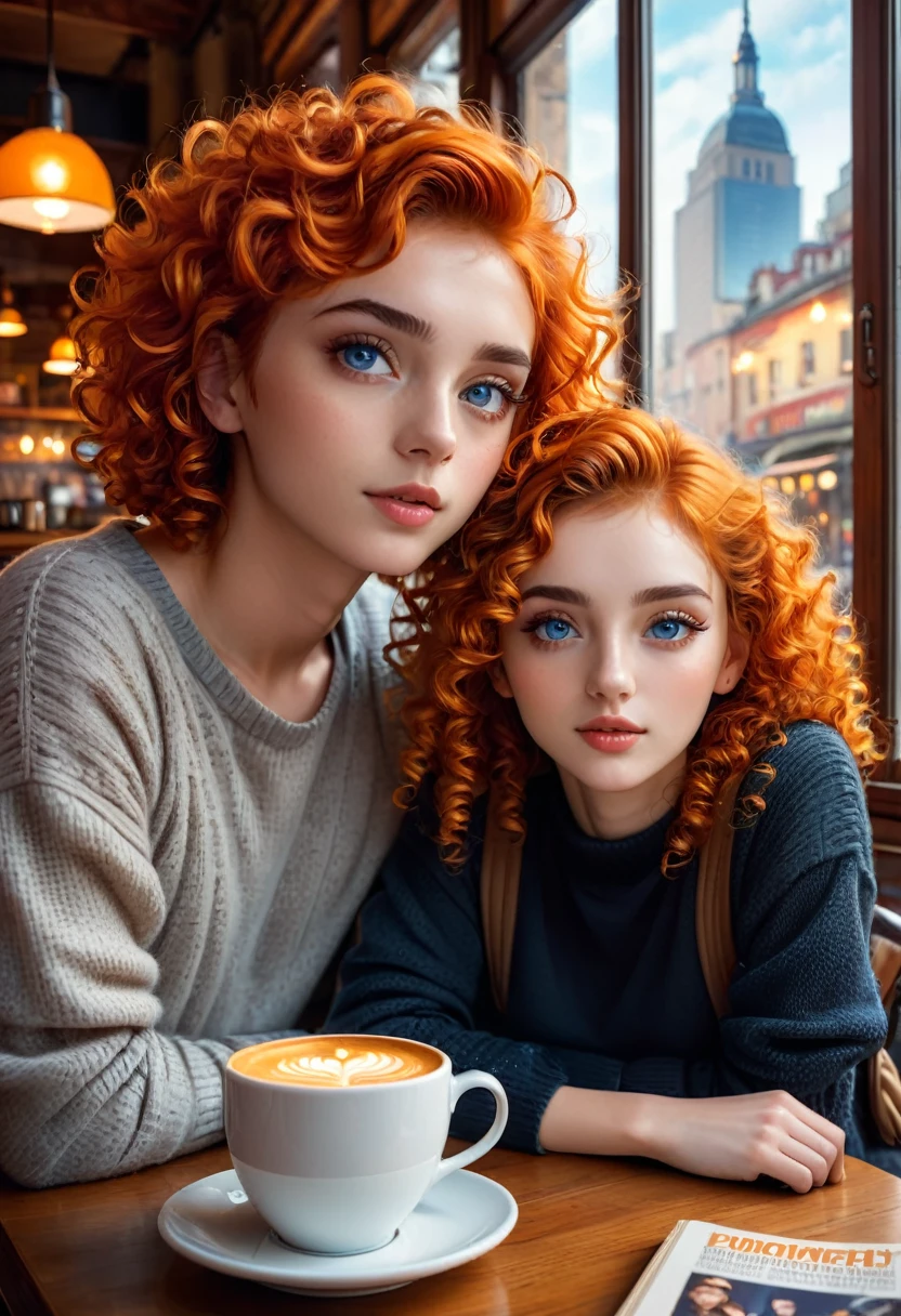 a girl with orange hair brown eyes, a boy with curly blue eyes sitting in a cafe, beautiful detailed eyes, beautiful detailed lips, extremely detailed eyes and face, long eyelashes, young couple, casual clothes, warm lighting, cozy atmosphere, comfortable interior, coffee cups, table with books and magazines, window with cityscape view, (best quality,4k,8k,highres,masterpiece:1.2),ultra-detailed,(realistic,photorealistic,photo-realistic:1.37),vibrant colors, cinematic lighting, soft focus, digital painting, concept art style