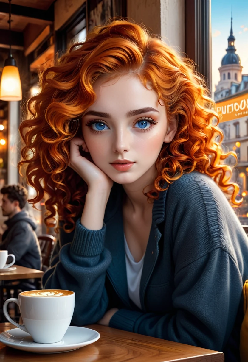 a girl with orange hair brown eyes, a boy with curly blue eyes sitting in a cafe, beautiful detailed eyes, beautiful detailed lips, extremely detailed eyes and face, long eyelashes, young couple, casual clothes, warm lighting, cozy atmosphere, comfortable interior, coffee cups, table with books and magazines, window with cityscape view, (best quality,4k,8k,highres,masterpiece:1.2),ultra-detailed,(realistic,photorealistic,photo-realistic:1.37),vibrant colors, cinematic lighting, soft focus, digital painting, concept art style