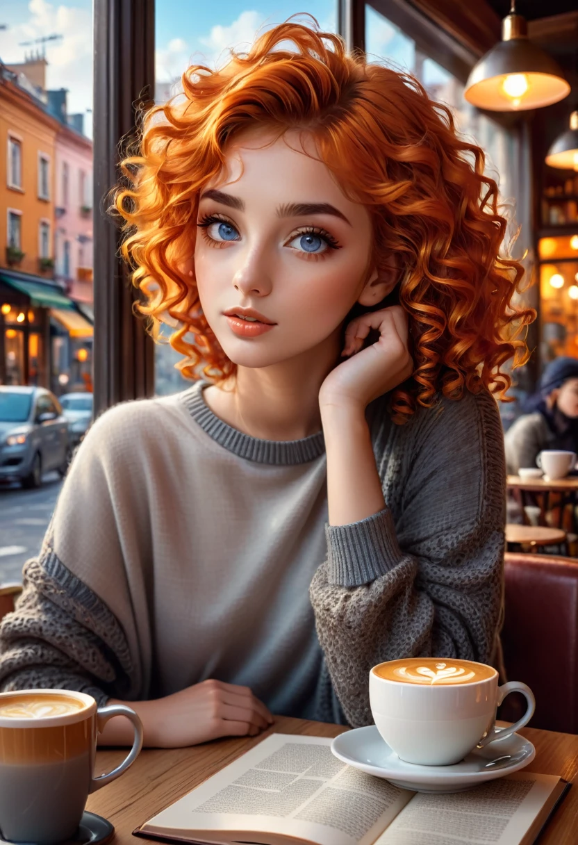 a girl with orange hair brown eyes, a boy with curly blue eyes sitting in a cafe, beautiful detailed eyes, beautiful detailed lips, extremely detailed eyes and face, long eyelashes, young couple, casual clothes, warm lighting, cozy atmosphere, comfortable interior, coffee cups, table with books and magazines, window with cityscape view, (best quality,4k,8k,highres,masterpiece:1.2),ultra-detailed,(realistic,photorealistic,photo-realistic:1.37),vibrant colors, cinematic lighting, soft focus, digital painting, concept art style