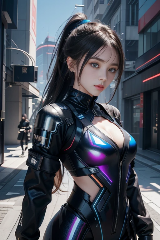 Game Art，Best image quality，Highest Resolution，8K，((Bust photo))，((Portraiture))，(Three-part method)，Unreal Engine 5 rendering， (Future Girl)，(Woman warrior)，22 year old girl，(Long ponytail hairstyle in red and blue shades)，(Beautiful eyes with attention to detail)，(Big Breasts)，Elegant and attractive，smile，(Frowning)，(Clothes packed with futuristic sci-fi style，sweater，Delicate pattern，Shining Jewels，armor)，Cyberpunk characters，Futuristic Style， Photo pose，Street Background，Cinema Lighting，Ray Tracing，Game CG，((3D Unreal Engine))， Rendering Reflective Pattern