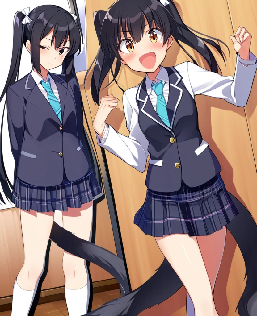 one girl, black hair, twin tail, high school student, school blazer, naive, slender, anime girl, girl focus, cute, long twn tail, necktie, cute pose, ecstatic, cowboy shot