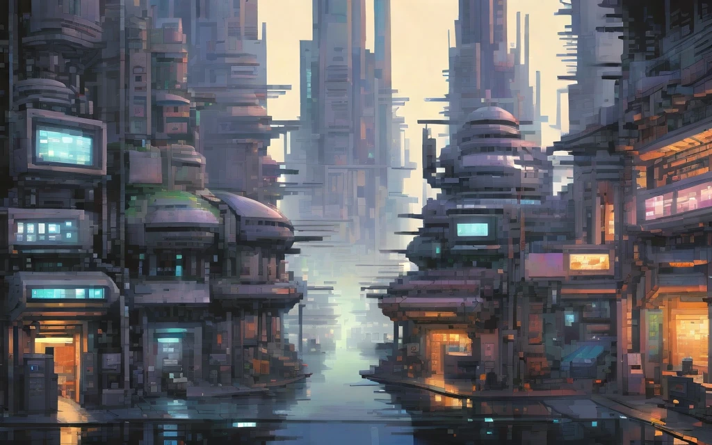 A futuristic cyberpunk city controlled by robots, pixel art painting by Yoko Tsuno, best quality, masterpiece, high details, Ultra intricate detailed