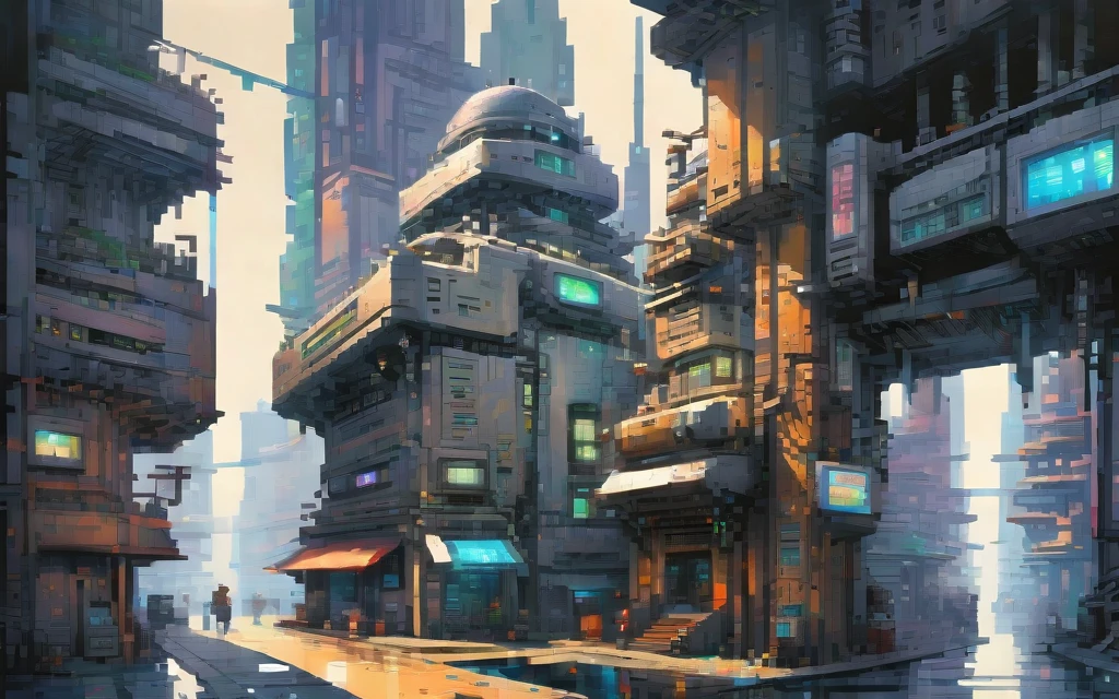 A futuristic cyberpunk city controlled by robots, pixel art painting by Yoko Tsuno, best quality, masterpiece, high details, Ultra intricate detailed