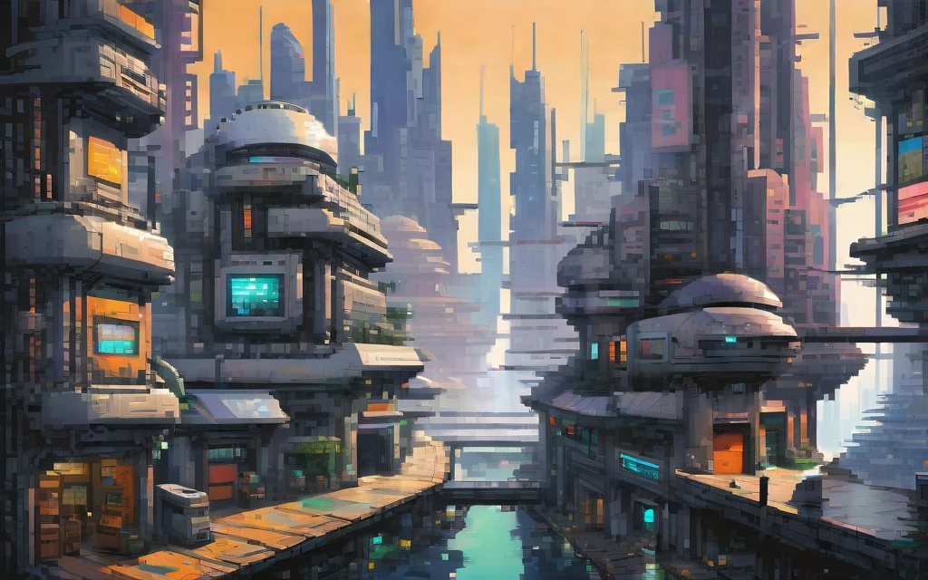 A futuristic cyberpunk city controlled by robots, pixel art painting by Yoko Tsuno, best quality, masterpiece, high details, Ultra intricate detailed