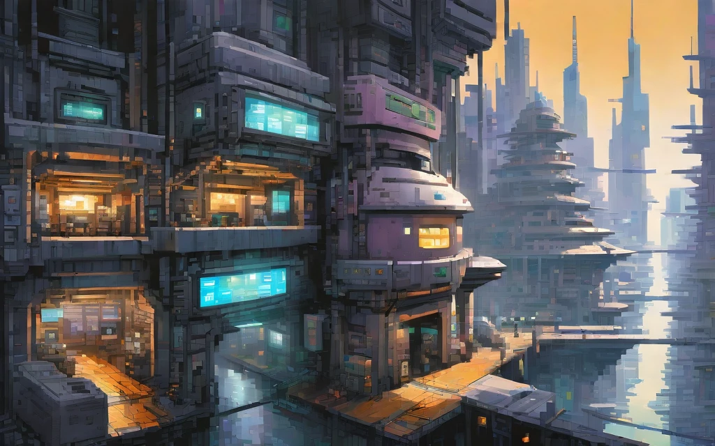 A futuristic cyberpunk city controlled by robots, pixel art painting by Yoko Tsuno, best quality, masterpiece, high details, Ultra intricate detailed