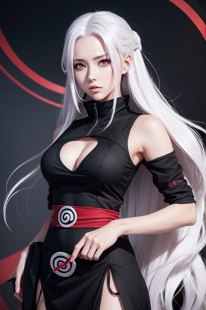 A woman from the Naruto Shippuden anime, She being a woman from the Senju and Uchiha clan, Wearing a black Bonito dress with the Uchiha symbol on it, Red eyes and big white hair Powerful, Strong and Beautiful