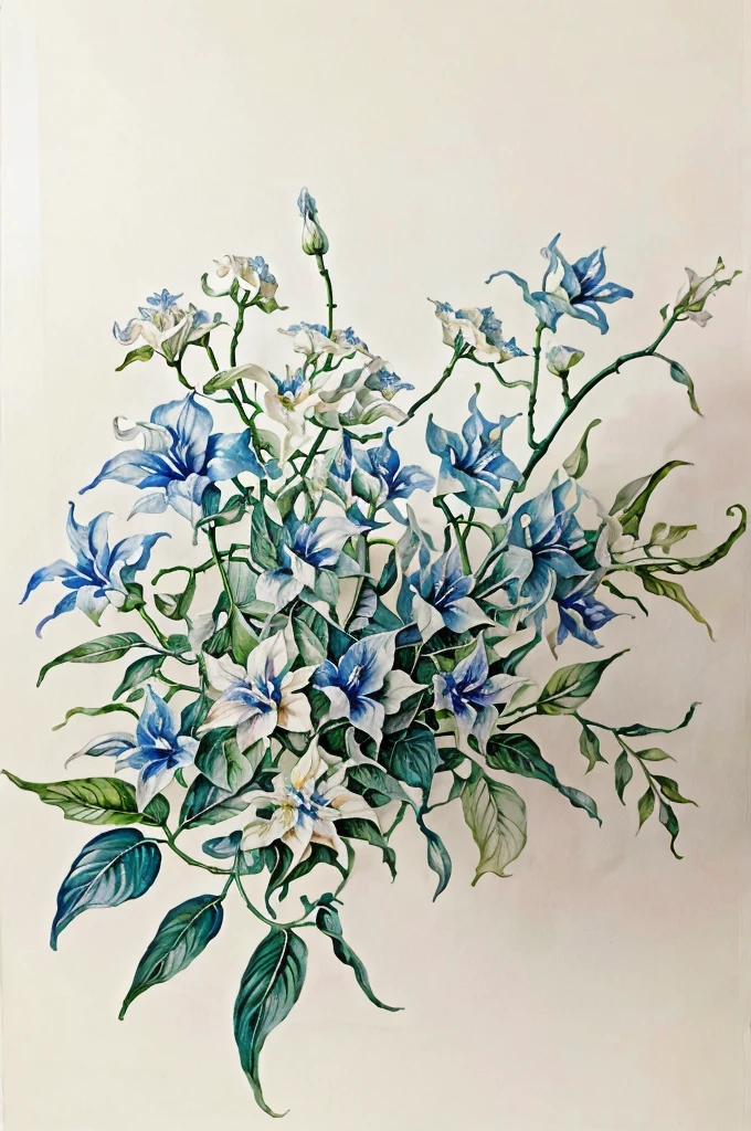 masterpiece of watercolor botanic illustration on white cotton paper of a pair of brugmansia blue flowers, with a branch, and some leaves