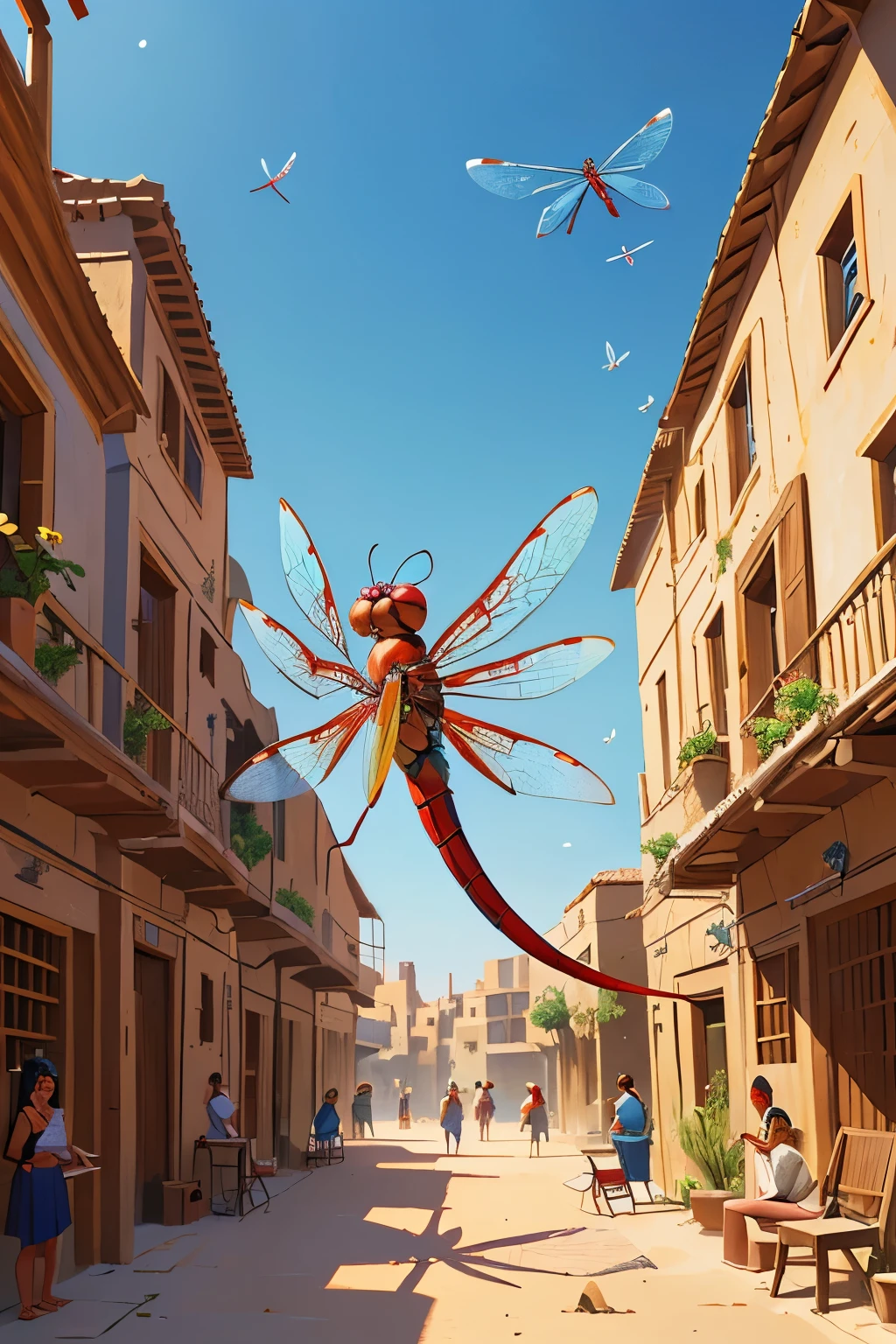 (high detailed, high resolution, high quality, masterpiece), (focus on (a single one) (red and blue) (dragonfly) flying in front of the viewer), (in a crowded village filled with people in a (blurred background) in a Egyptian village), (fantasy, drawing, drawing fantasy)