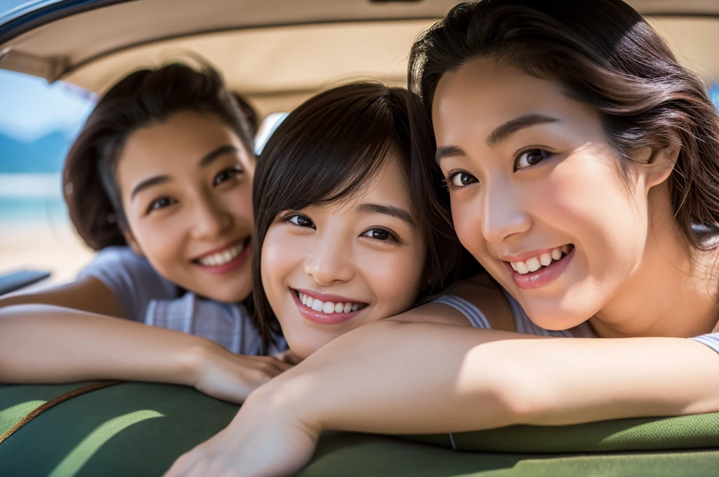 Highest quality、Masterpiece、8K、Japanese women、40s、smile、Slender figure、Realistic Face、Realistic hands、Detailed face、Three Women、Keep your distance、be happy