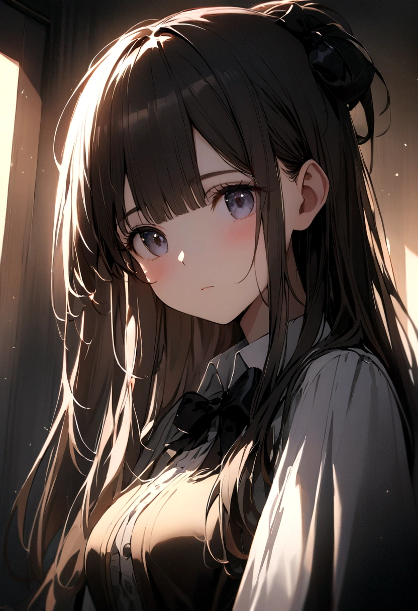 Open cousin, I want a girl with long loose hair with black bangs with a BOW TIED UP on her head, head slightly lowered look to the left focus on the face sample on the shoulders a little