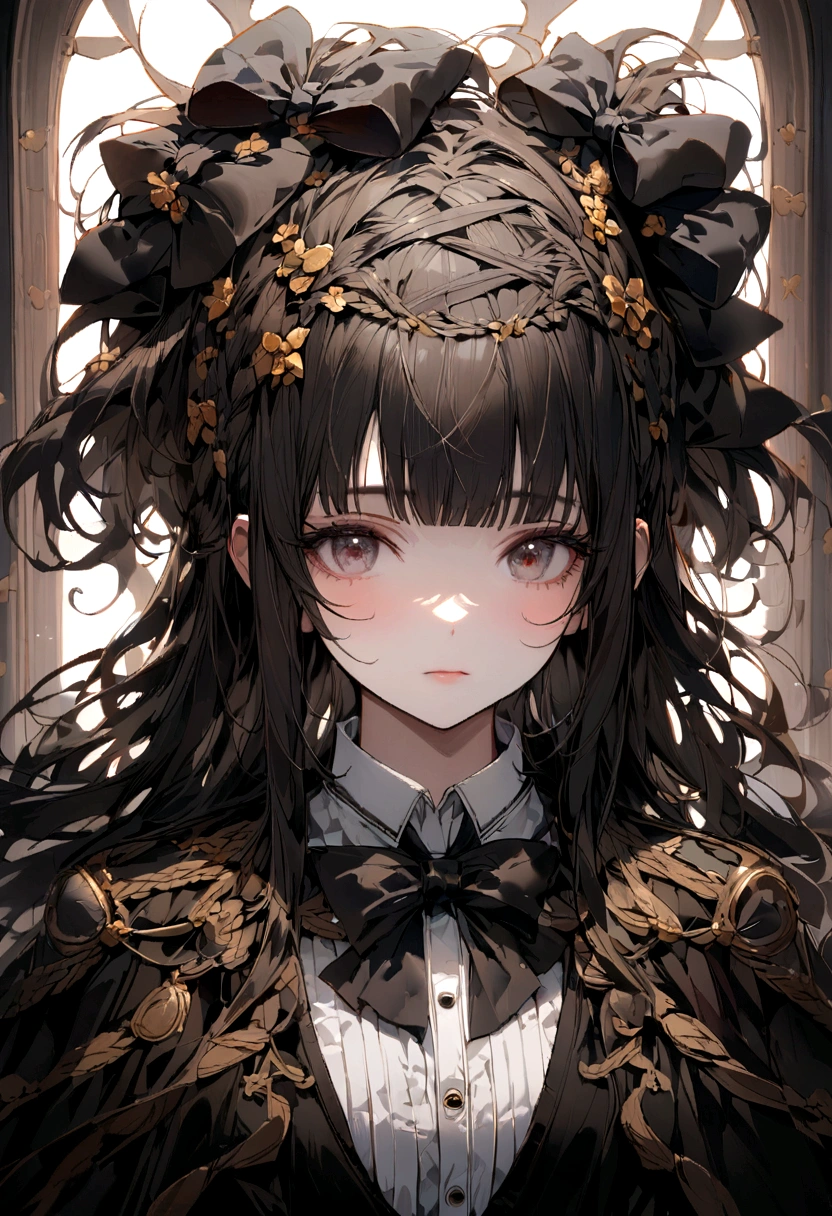 Open cousin, I want a girl with long loose hair with black bangs with a BOW TIED UP on her head, head slightly lowered look to the left focus on the face sample on the shoulders a little 