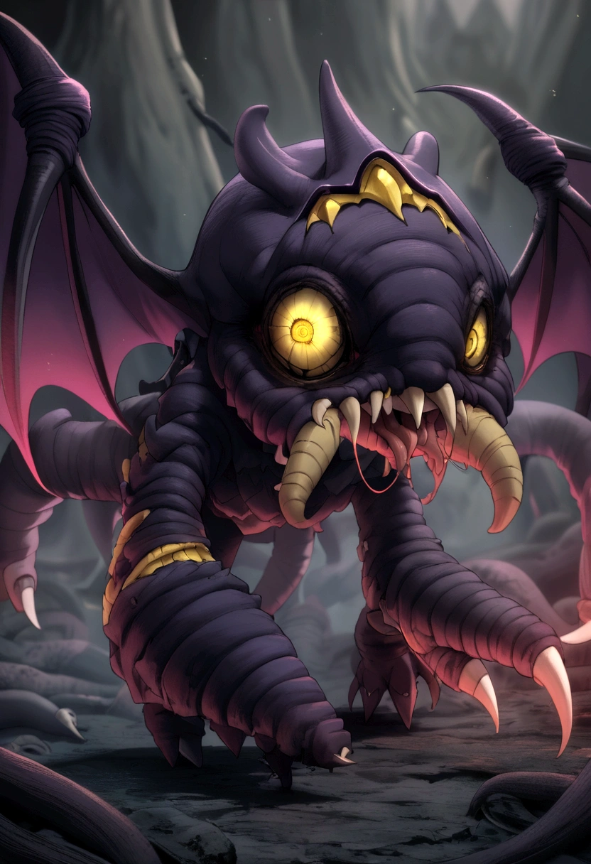 A scary dark devourer of humans Monster with the body of an elephant spines on the back and claws deformed face yellow eyes tentacle arm bat wings