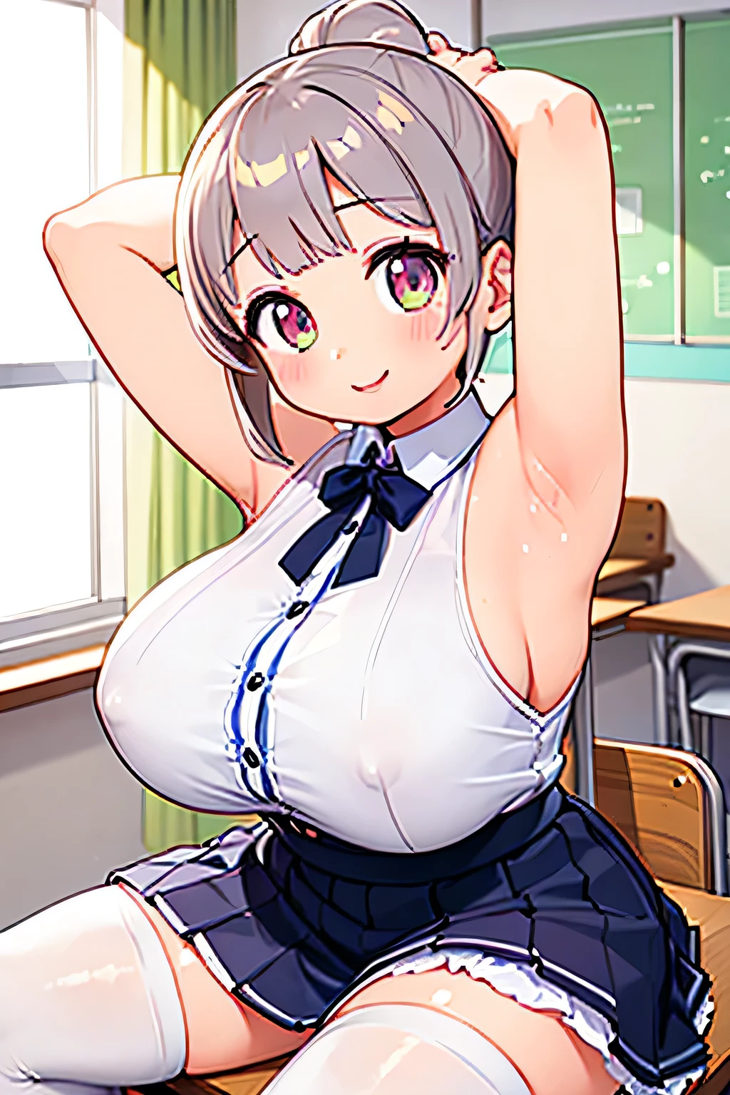 Highest quality、High resolution、Detailed Background、(Beautiful face in every detail:1.4)、Anatomically correct、(Detailed facial expressions)、(Detailed eyes:1.2)、age beauty、(Highly detailed face:1.4)、(Huge breasts:1.3)、Cute hair colour、Bobcut、ponytail、Twin tails、well-groomed eyebrows、Perfect body line、Attractive thighs、Cute gestures、JK Uniform、Pleated skirt、White Stockings、(Underboob:1.2)、sit at a desk in the classroom、The button on her blouse is broken and her breasts are spilling out、Blushing、Panty Shot、
(A beautiful girl showing her armpits with a big smile:1.5)