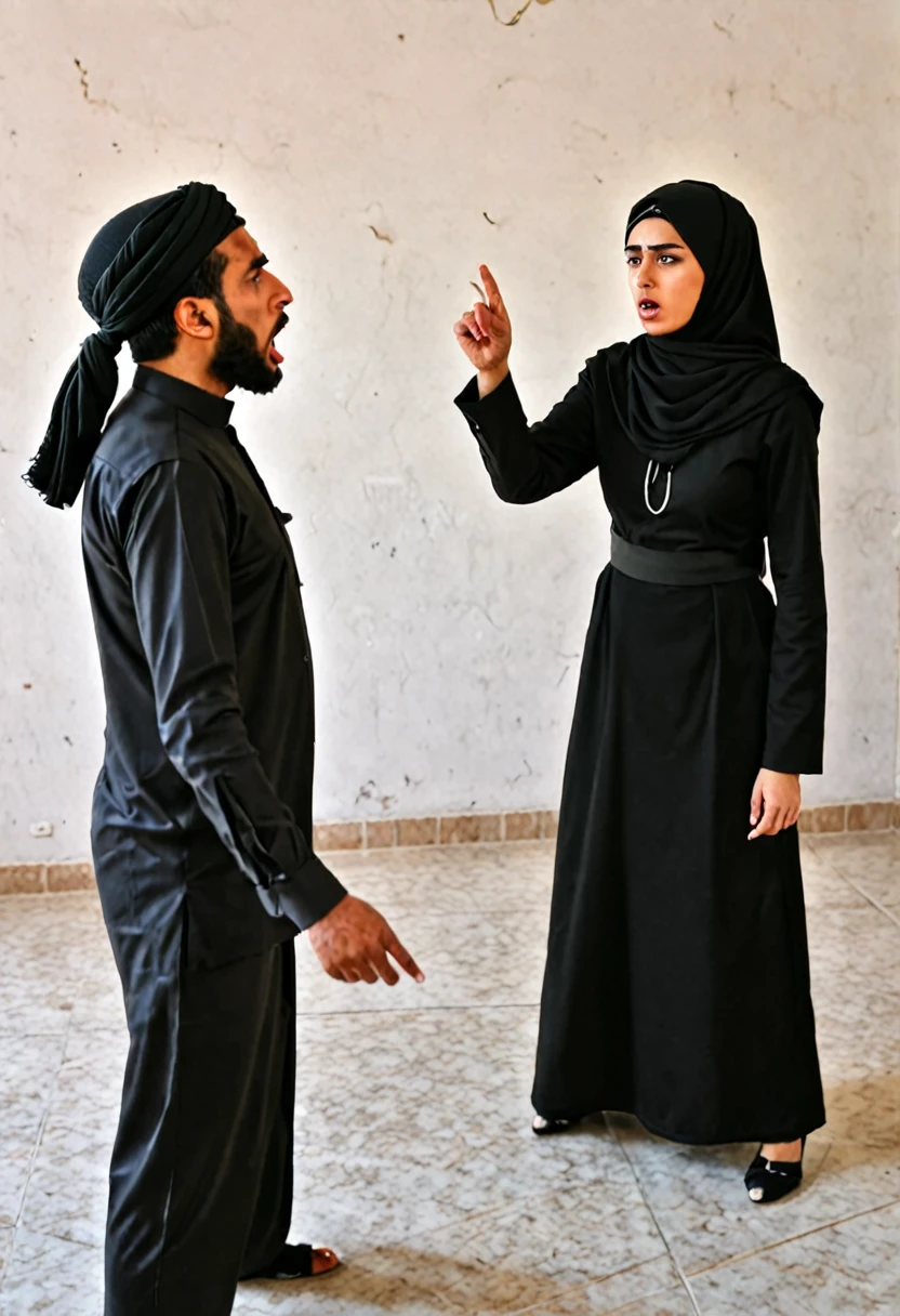 Kurdish woman in black straight hijab debating with a man in village room angry raged 