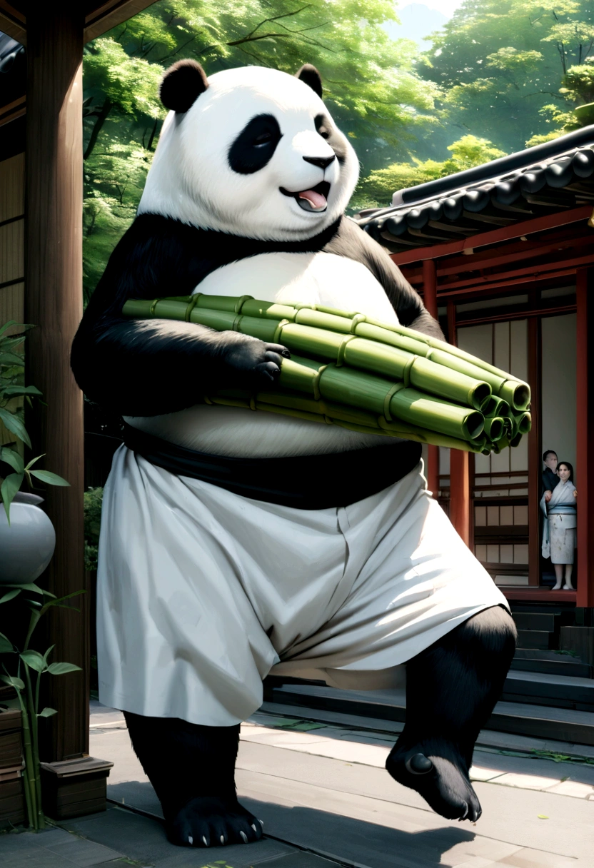 To the Pandas，Photorealistic，Panda eating bamboo，play，Baby Panda，sleep，Japan　Standing on two legs wearing a kimono　Real 4K