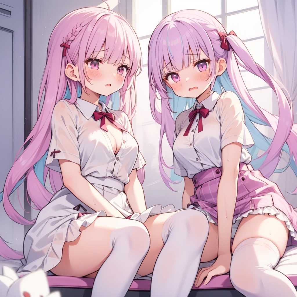 ((Two Girls))、inner thigh、She pulls her panties aside to show her ????????、(((Sitting down and raising one leg to put on knee-high socks)))、cotton white simple undies、See-through clothing、Crying and refusing、Wet and transparent、Small face、(Blushing and embarrassed),girly fashion、Children's clothing、red blush、Cartoon Storyline、((Angle from below：1.5)), pantie shot,Lower ??????、front ??????????、open one's legs、????? ?????? display、????? bite、Emphasis on the ??????、white panties、soaked