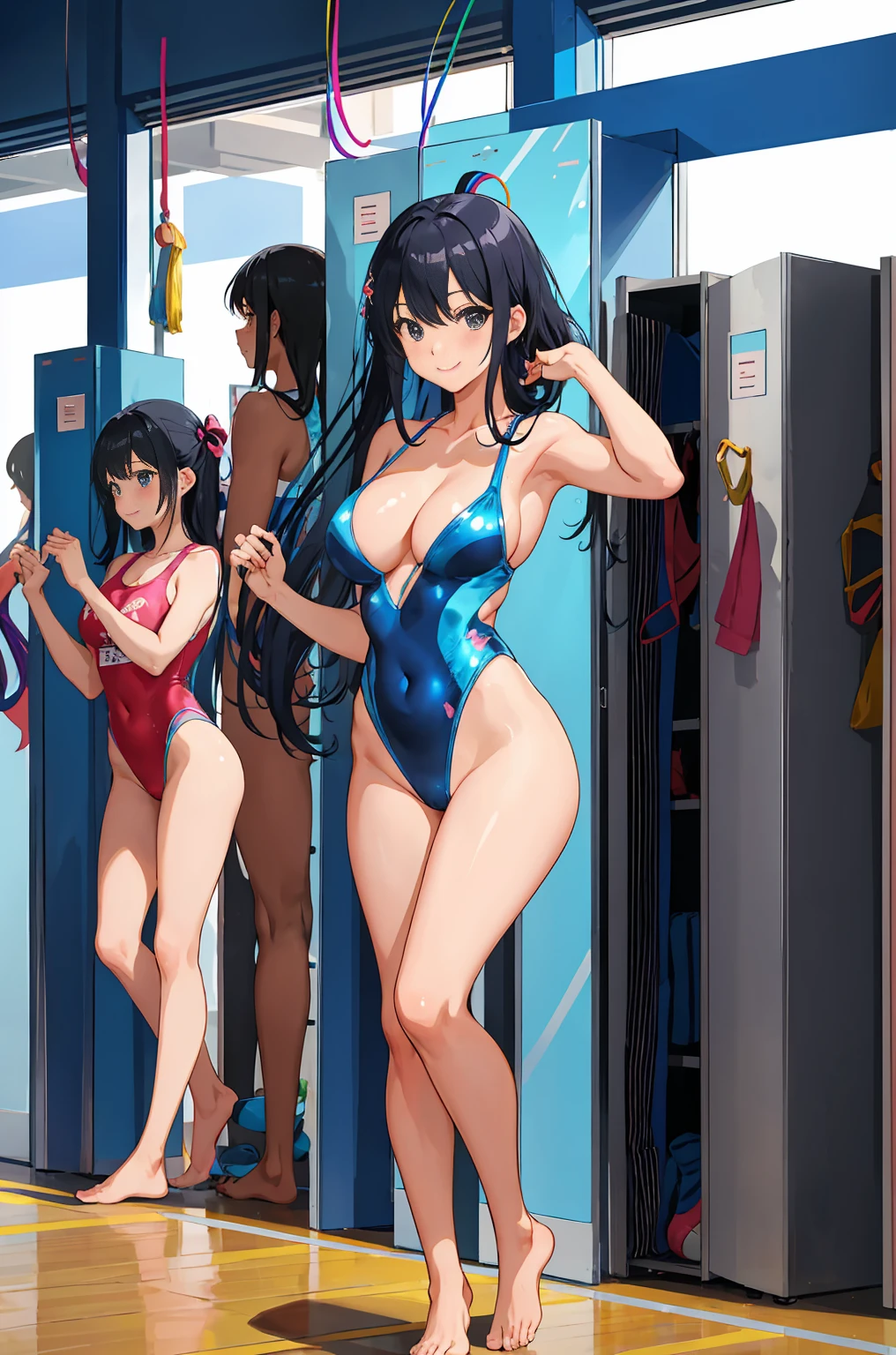 photo of 1 jpn-girls,locker room, crowd, large breast, (cowboy-shot), wearing glossy sky-blue colorful rhythmic-gymnastics-super_highleg,leotard, rainbow print, cleavage, body-fit, thighs, bare-legs, big anime eyes with shiny reflection, innocent smile, black hair,long hair