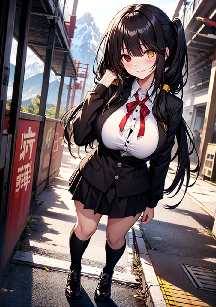 Masterpiece, high quality, ultra quality, best lighting, 1girl, ((tokisaki kurumi)), tokisaki kurumi, long hair, black hair, low twintails, monochrome, ((right red eye:1, left yellow eye:1)), black , ((black school uniform)), ((big breast)), ((big thigh)), smile, blush, cute face, ((gesugao face)), standing, sexy body, sexy, tattooed full body, looking at viewer, large the breast, nsfw, (((mountain)))