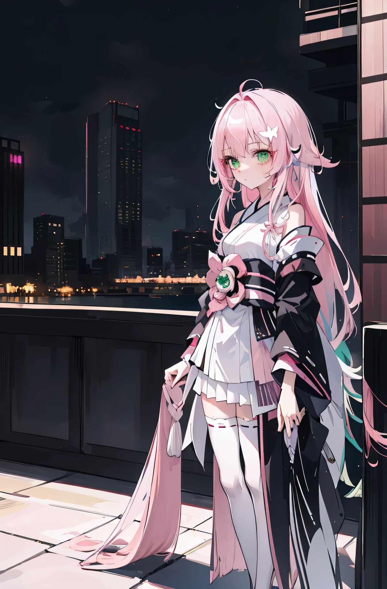 ((A pink-haired)),The hair was long,green eyes,Very long dull hairs,dark city background,white kimono costume,White miko stockings,white mini skirt, night,standing,pink hair,pink hair,