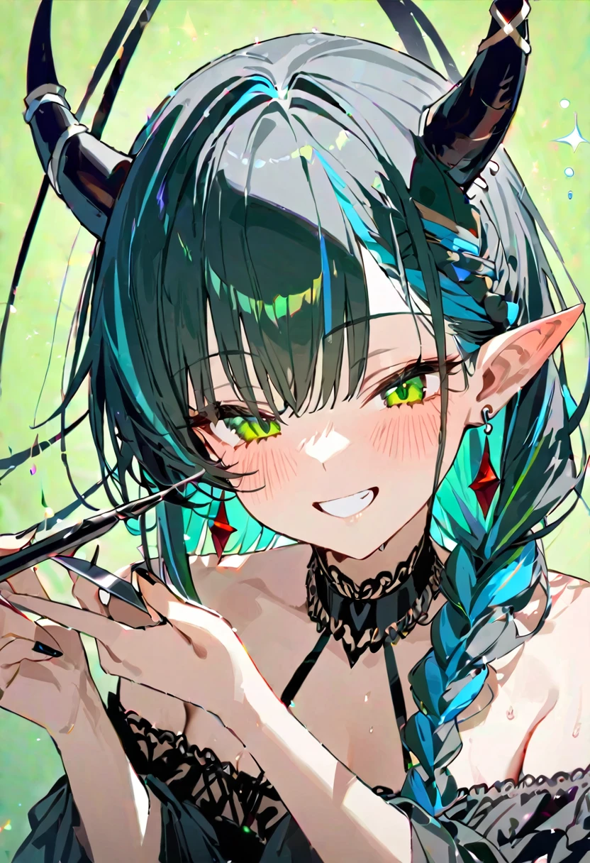 masterpiece,Highest quality,One girl, Blue Tone，upper_body, alone, Grin, smile, blush, green_eye, horn, earrings, ear_Earrings, jewelry, 前hair, Braiding, Striped_hair, Multicolor_hair, pointed_ears, off_shoulder, black_nail, devil_wing， green_background