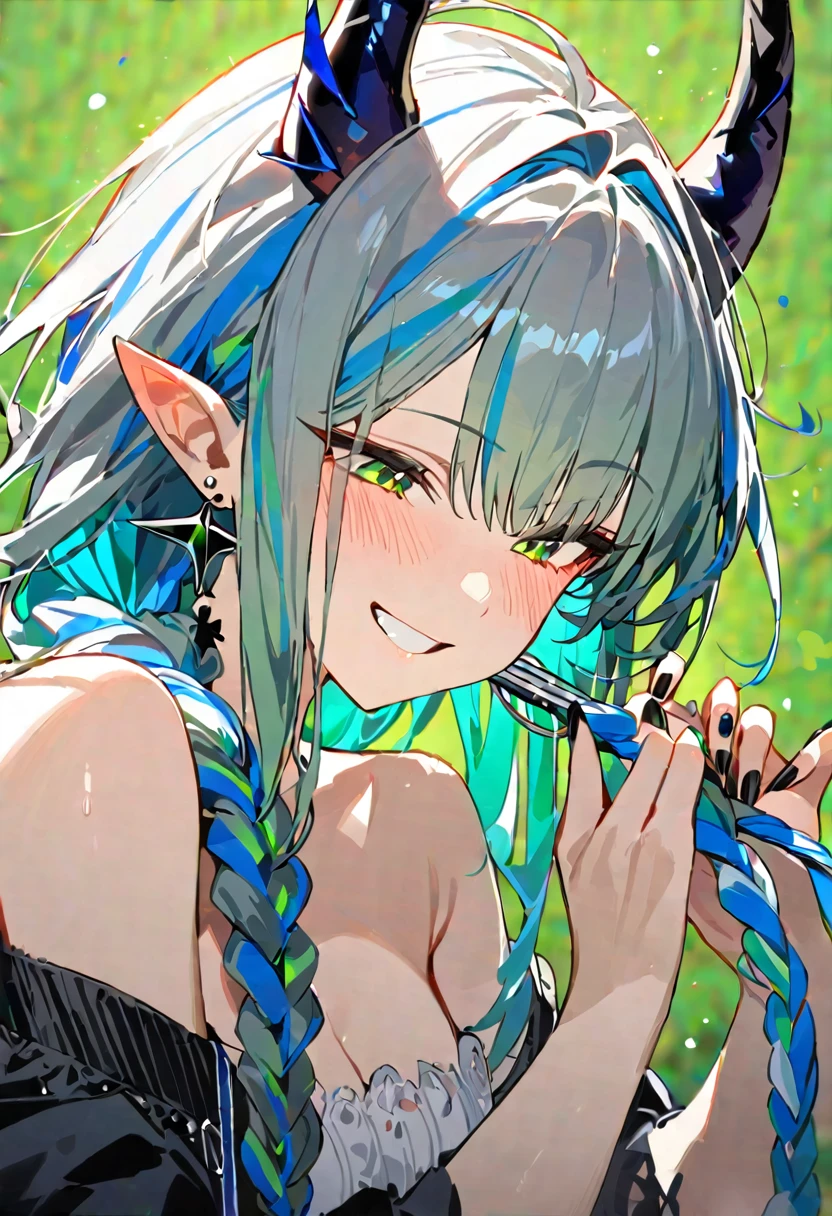 masterpiece,Highest quality,One girl, Blue Tone，upper_body, alone, Grin, smile, blush, green_eye, horn, earrings, ear_Earrings, jewelry, 前hair, Braiding, Striped_hair, Multicolor_hair, pointed_ears, off_shoulder, black_nail, devil_wing， green_background