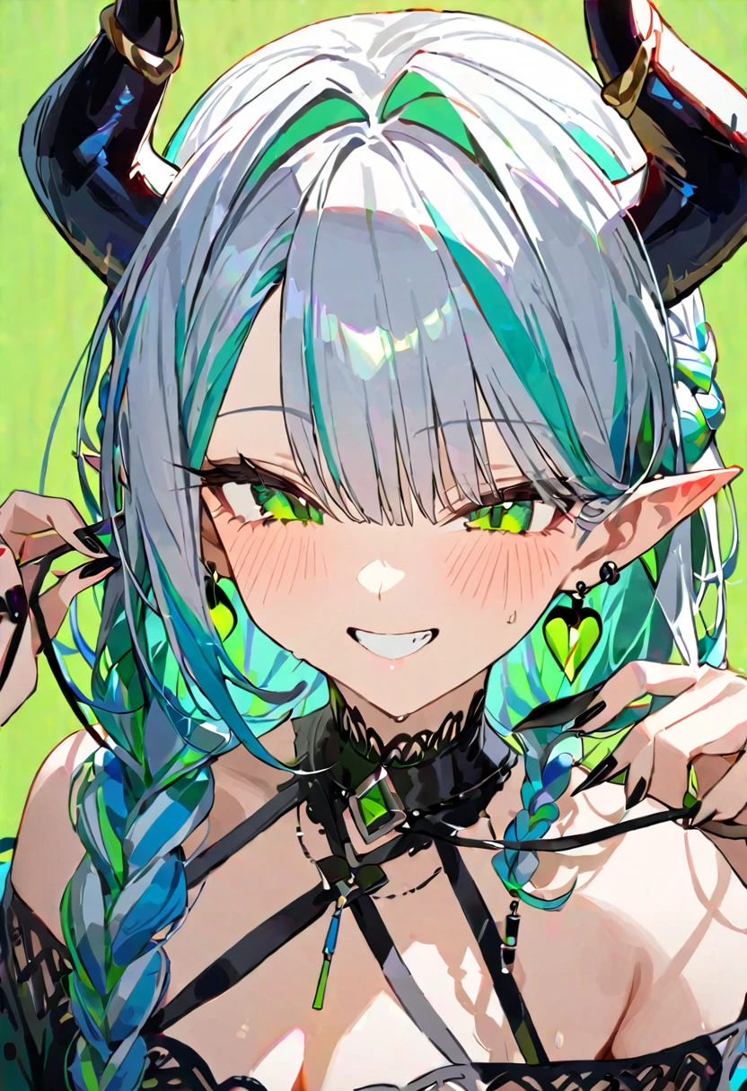 masterpiece,Highest quality,One girl, Blue Tone，upper_body, alone, Grin, smile, blush, green_eye, horn, earrings, ear_Earrings, jewelry, 前hair, Braiding, Striped_hair, Multicolor_hair, pointed_ears, off_shoulder, black_nail, devil_wing， green_background