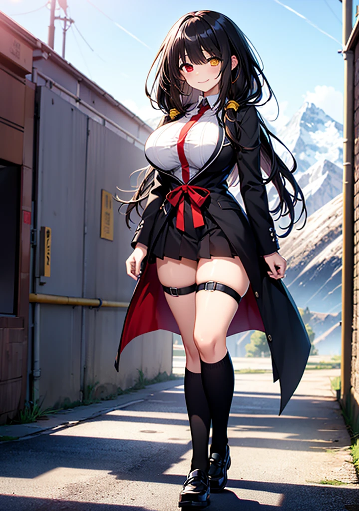 Masterpiece, high quality, ultra quality, best lighting, 1girl, ((tokisaki kurumi)), tokisaki kurumi, long hair, black hair, low twintails, monochrome, ((right red eye:1, left yellow eye:1)), black , ((black school uniform)), ((big breast)), ((big thigh)), smile, blush, cute face, ((gesugao face)), standing, sexy body, sexy, tattooed full body, looking at viewer, large the breast, nsfw, (((mountain)))