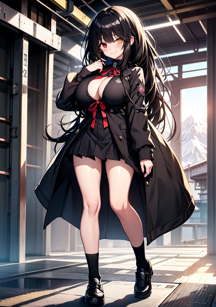 Masterpiece, high quality, ultra quality, best lighting, 1girl, ((tokisaki kurumi)), tokisaki kurumi, long hair, black hair, low twintails, monochrome, ((right red eye:1, left yellow eye:1)), black , ((black school uniform)), ((big )), ((big thigh)), smile, blush, cute face, ((gesugao face)), standing,  body, , tattooed full body, looking at viewer, large the , , (((mountain)))
