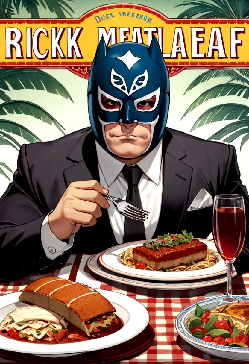 Lucha libre masked man, buff, wearing a suit and enjoys a nice meal. Album cover called "Ricky Meatloaf"
